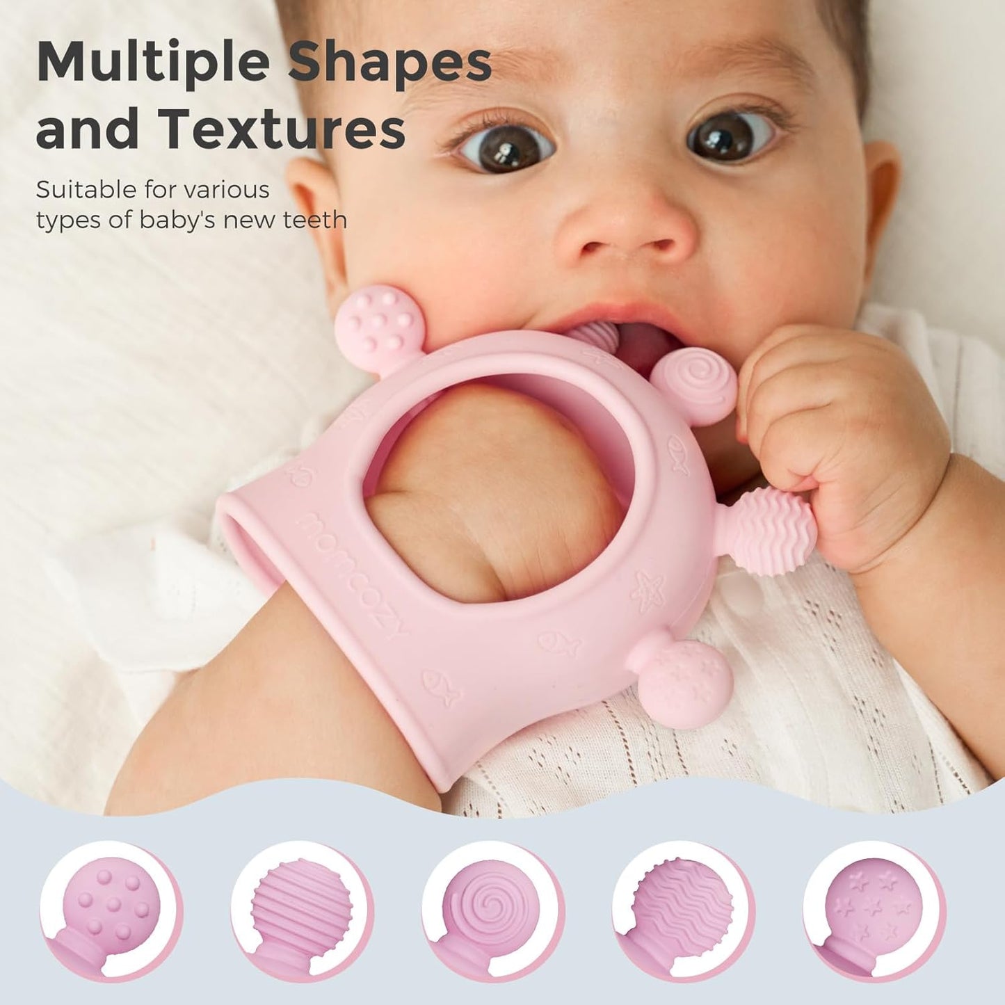 Momcozy Baby Teether Toys | Food Grade Silicone Teething Relief 0-6 Months | Toy 6-12 Months | Baby Essential | Green and Pink