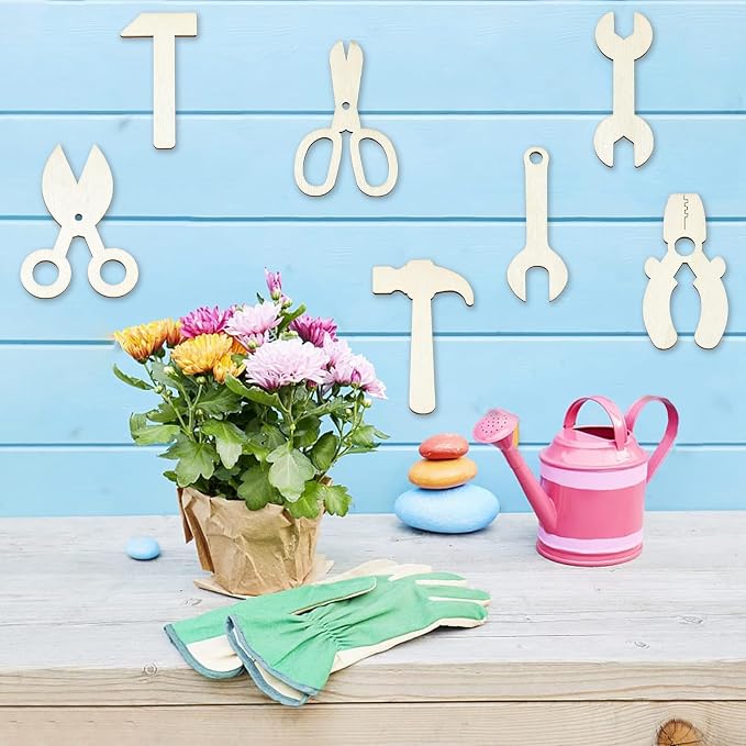 50 pcs Mixed Styles Labor Tool Theme Unfinished Wood Cutout Charms Scissors Axe
