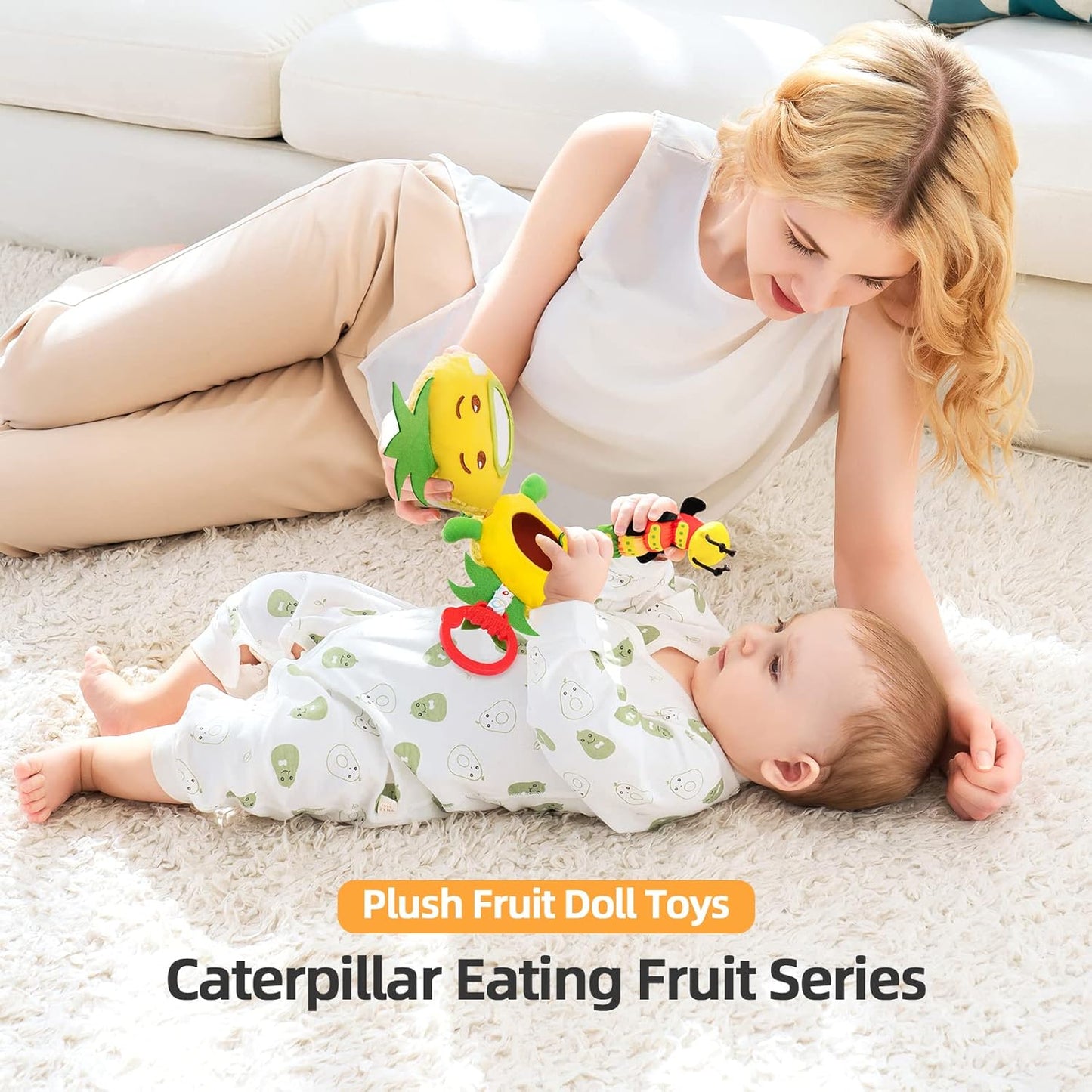 Jollybaby Newborn Plush Stuffed Fruit Rattle Toy for Stroller Car Seat Crib, Montessori Sensory Plush Pineapple Toy with Rattle and Mirro Toy for Baby 0-6-12 Month, Infant Baby Boy & Girl Shower Gift