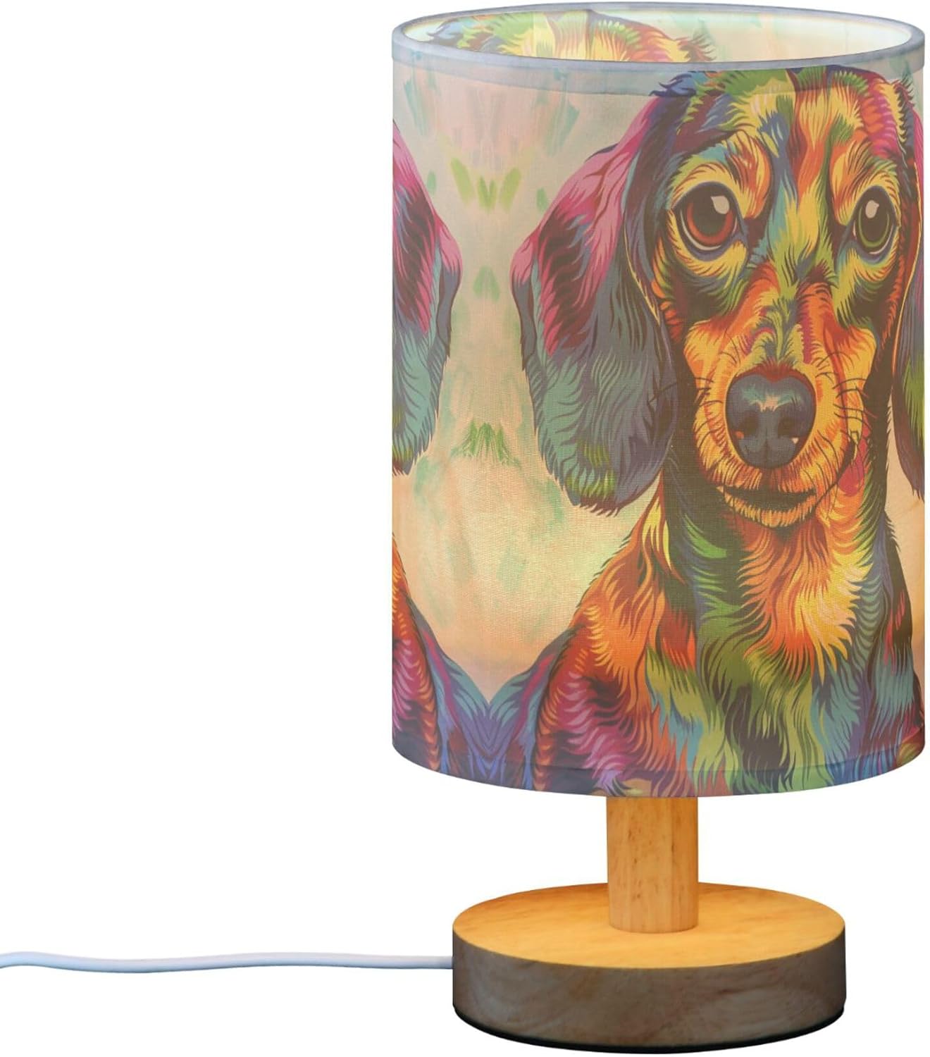 Table Lamp Colorful Dachshund Puppy Nightstand Lamp with Wood Base Fabric Lamp Shade Bedside Desk Lamp for Living Room Bedroom Kids Room Office