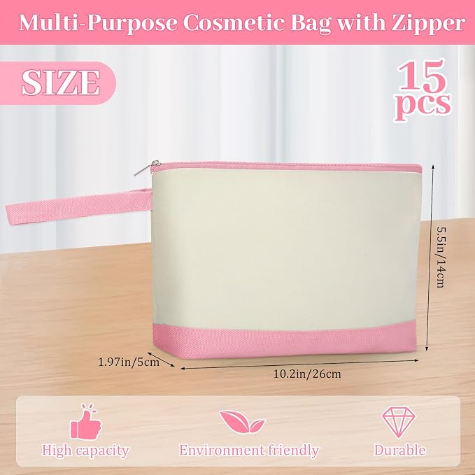 Silkfly 15 Pcs Cotton Canvas Makeup Bags Cosmetic Zipper Bags 10.2 x 5.5 x 2''