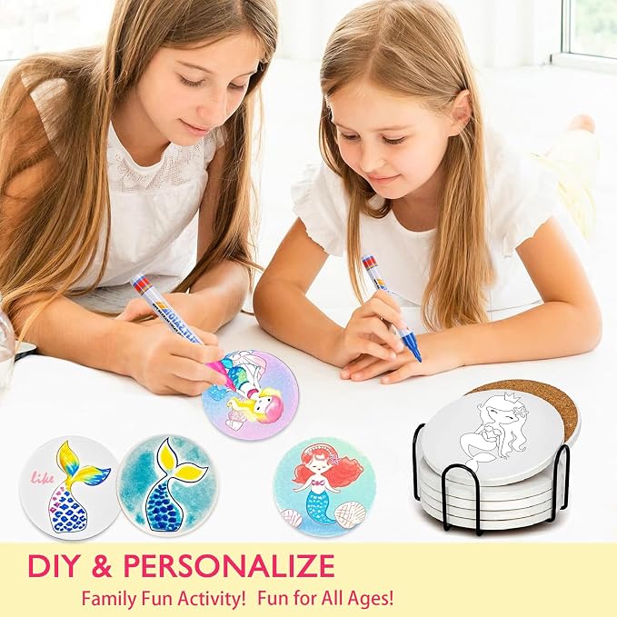 6 Absorbent Ceramic Tiles with Cork Base, Paint Your Own Mermaid Coaster | Arts