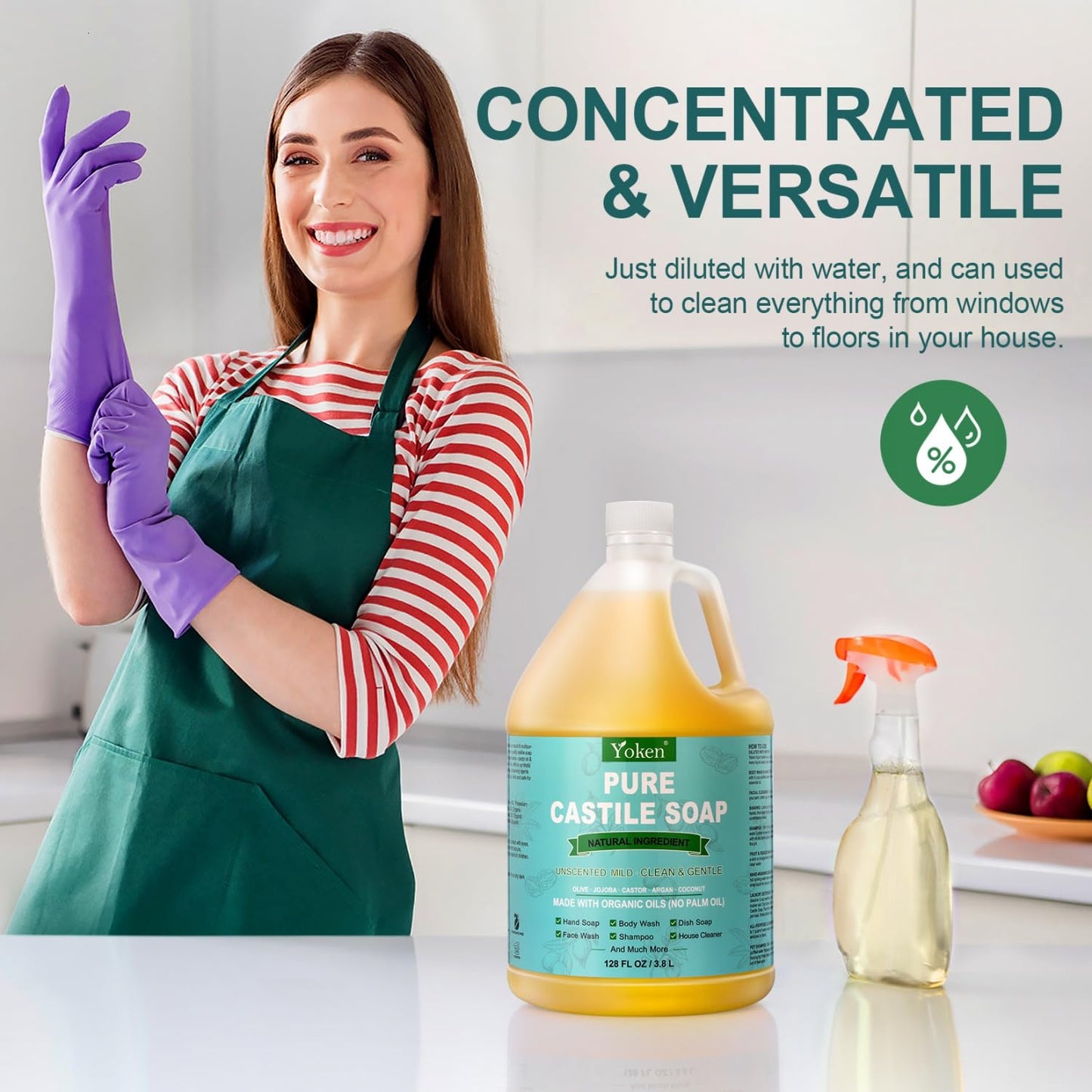 Castile Soap Liquid EWG Verified(1 Gallon, Unscented) Pure-Castile Liquid Soap for Body, Face, Hand, Pets, Laundry, Dish Soap and More - Made With Organic Oil, Vegan, Clean & Gentle, Versatile