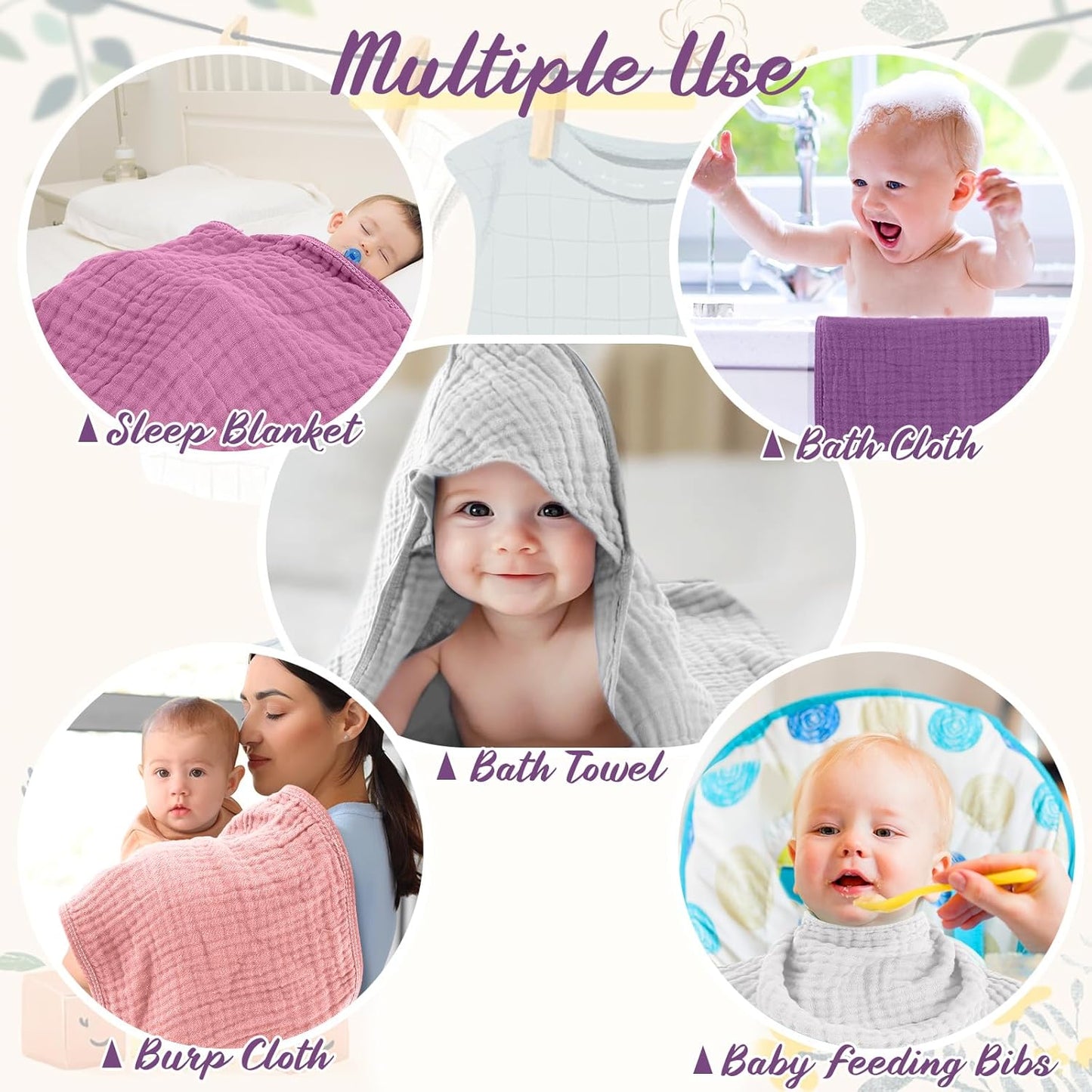 VitalCozy 12 Pcs Baby Muslin Hooded Bath Towels and Washcloths, 32 x 32 Inch Muslin Cotton Hooded Baby Towels Absorbent Hooded Blankets for Gift Newborn Infant Shower (Pink Purple Series)