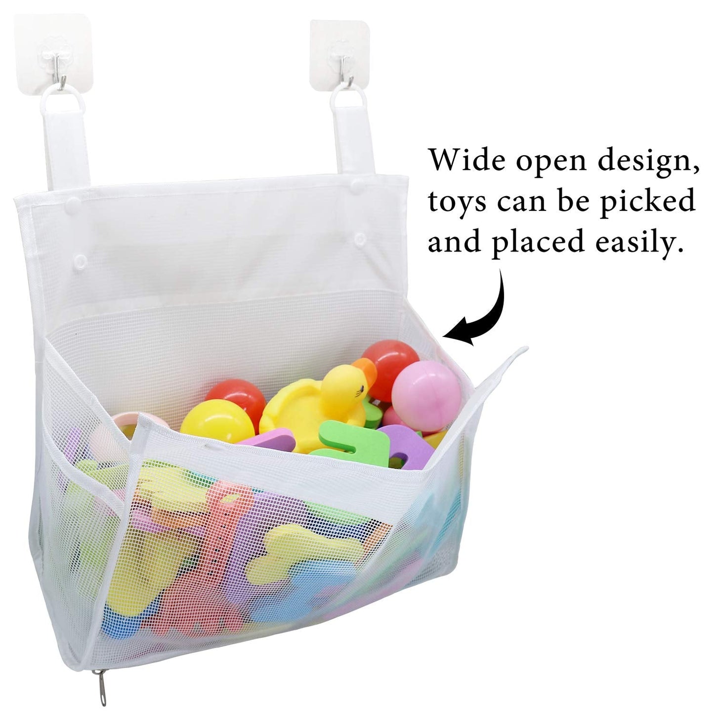 Bath Toy Organizer Multiple Ways to Hang, Extra Large Opening Bathroom Toy Holder, Bottom Zipper Bathtub Toy Storage Bag (White)
