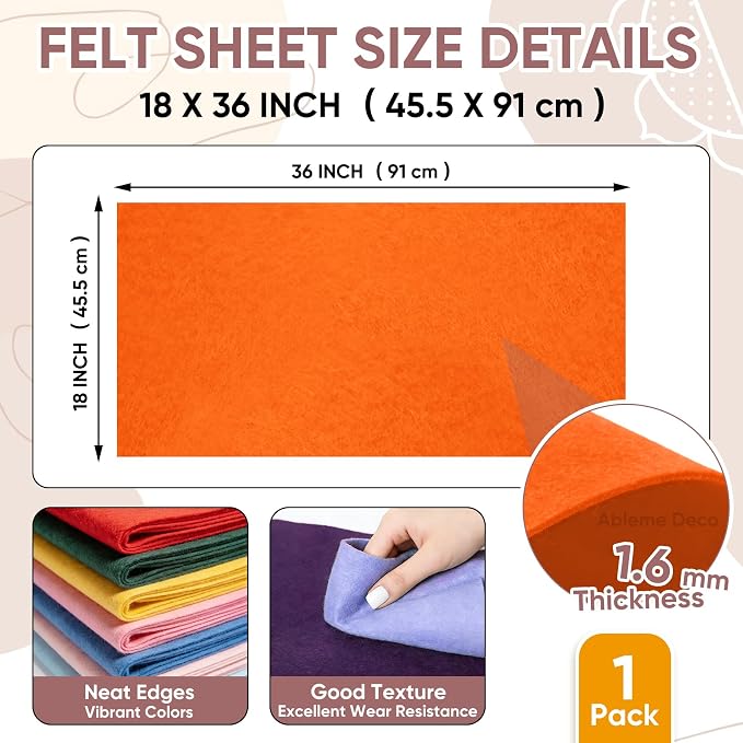 Soft Felt Fabric Sheet 18" x 36", 1.6mm Acrylic Craft Felt, Large Precut Sheet