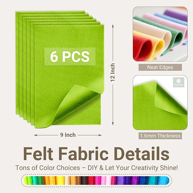 Spring Green Soft Felt Sheets for Crafts, 1.6mm Thick, Kids' Crafts, DIY