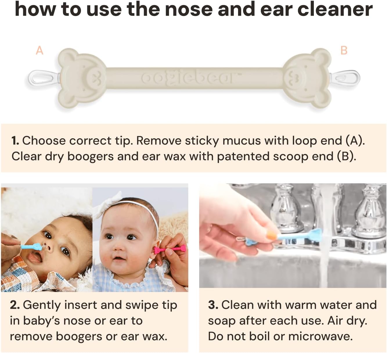 oogiebear BearPair Silicone Bulb Baby Nasal Aspirator and Ear & Nose Syringe, Safely Sucks Snot and Removes Mucus, Cleanable and Reusable, Grey