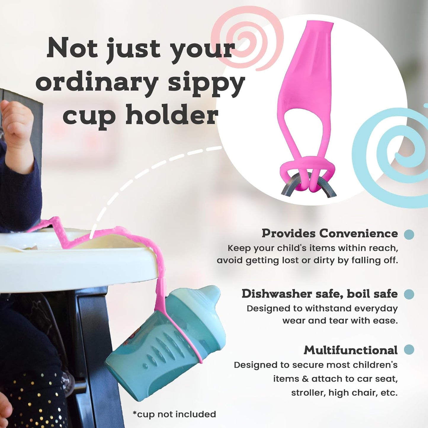Brilli Baby Cup Catcher Patented Safety Tether Strap, Attach Sippy Cups, Bottles, Pacifiers & More to Stroller, High Chair, Car Seat, Made in USA, Food Grade, Dishwasher Safe (Pink)
