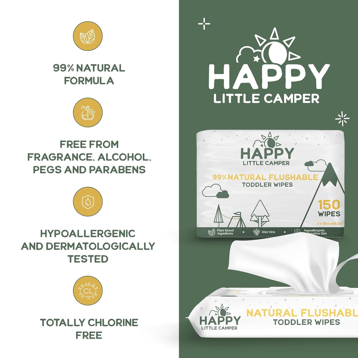 Happy Little Camper Ultra-Absorbent Super Saver Baby Diapers Size 3 - Hypoallergenic, Unscented & Chlorine-Free Disposable Diapers (200 Count) Come with Flushable Wipes (200 Count) for Sensitive Skin