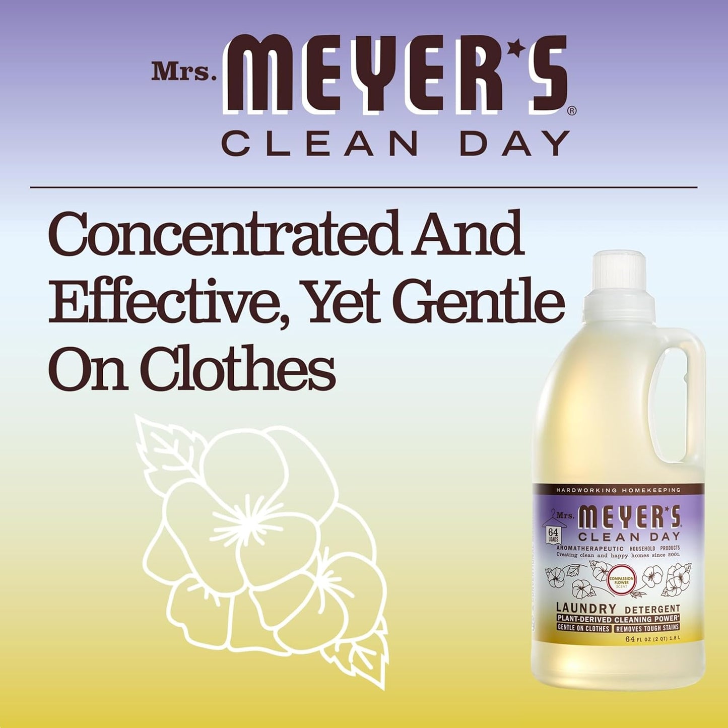 MRS. MEYER'S CLEAN DAY Liquid Laundry Detergent, Infused with Essential Oils, Compassion Flower, 64 oz (64 Loads)