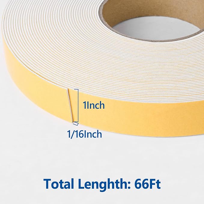 Kikerike Self Adhesive Foam Tape Weatherstrip 1in x 1/16in x 66Ft High Density