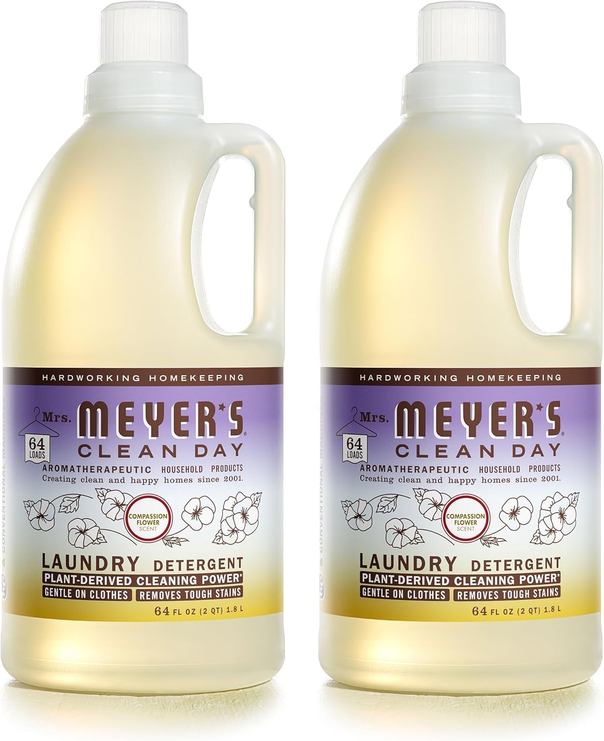 MRS. MEYER'S CLEAN DAY Liquid Laundry Detergent, Infused with Essential Oils, Compassion Flower, 64 oz - Pack of 2 (128 Loads)