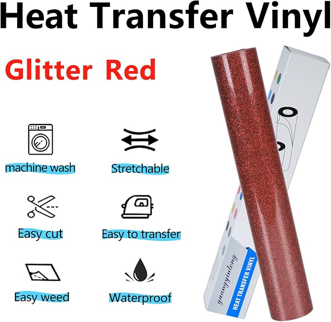 guangyintong Glitter Heat Transfer Vinyl HTV Rolls, Glitter Red HTV Vinyl