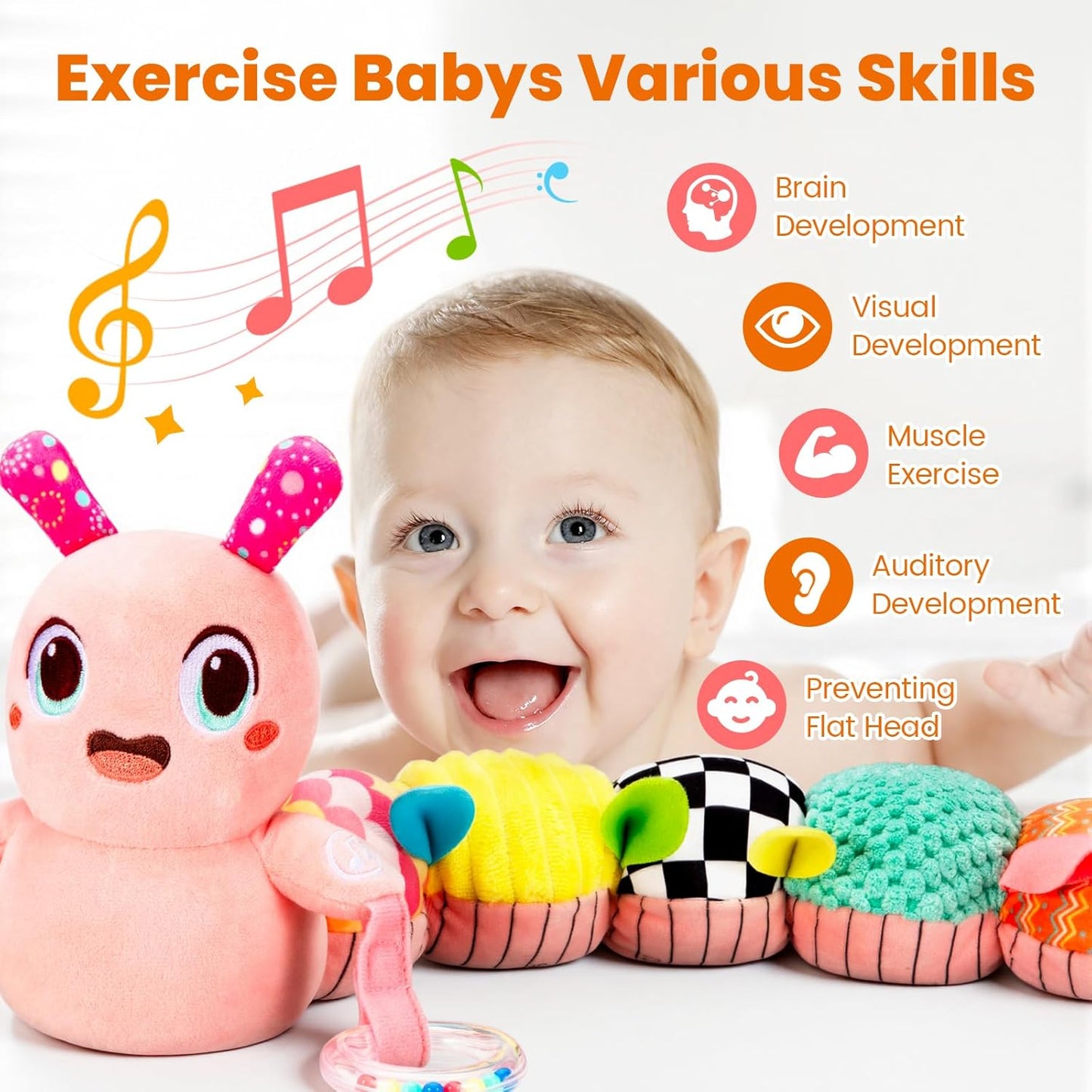 Baby Toys 0-6 Months, Washable Baby Musical Caterpillar Toys with 10 Kid's Songs,Rattles,BabyTeething Toys,Suitable for 0-6, 6-12 Months Infant Tummy Time Toy,Newborn Baby Boy&Gril Scensory Gifts