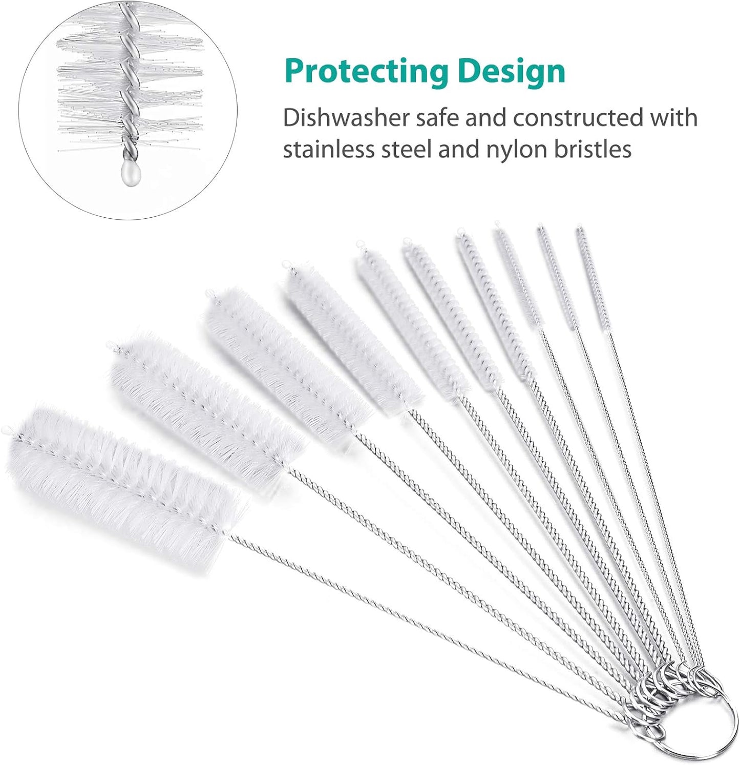 CiaraQ Bottle Cleaning Brushes, 8 Inch Nylon Tube Brush Set, Cleaner for Narrow Neck Bottles Cups with Hook, Set of 10pcs.