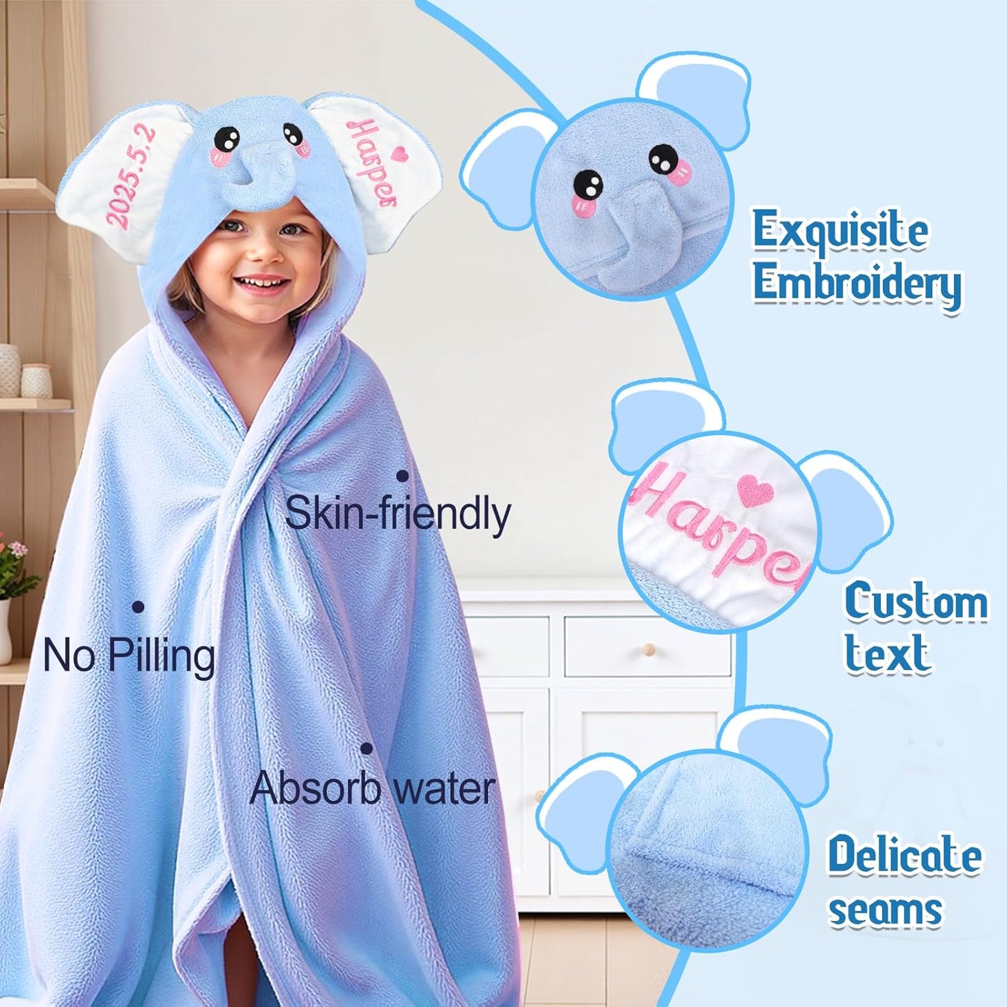Custom Hooded Baby Towel with Name, Personalized Soft Absorbent Elephant Bath Towel, Shower Towels for Girls Boys, Easter Brithday for Baby, Toddler, Newborn Essential