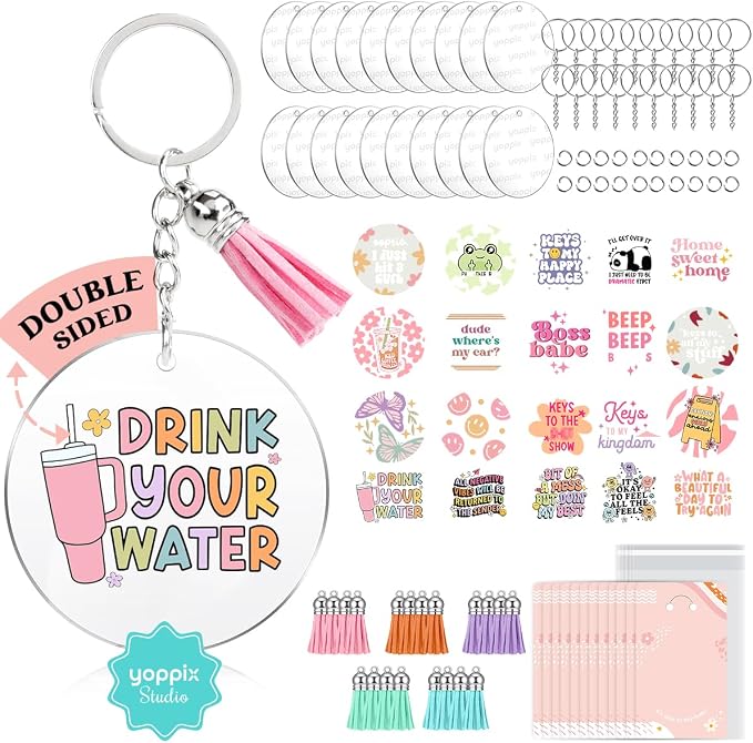 YOPPIX 140 PCS Acrylic Keychain Blank Set, Funny Double-Sided UV DTF Stickers