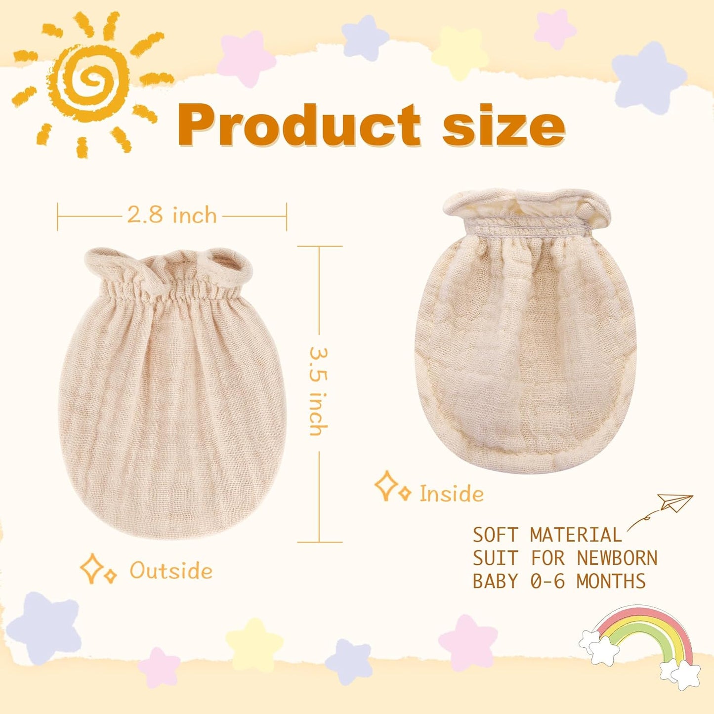 Pro Goleem Muslin Baby Mittens for Newborn, 100% Cotton No Scratch Soft Breathable Gloves for Boys and Girls 0-6 months