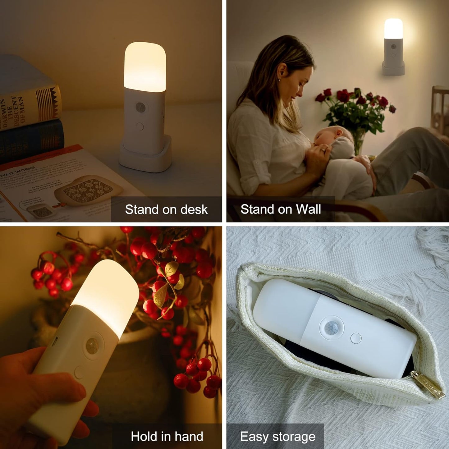 YELKO Motion Sensor Night Light, 2000mAh Rechargeable Night Lights Battery Powered, Portable Dimmable Nightlights with 5 Brightness Levels for Kids,Adults(Cool White 2Pack)