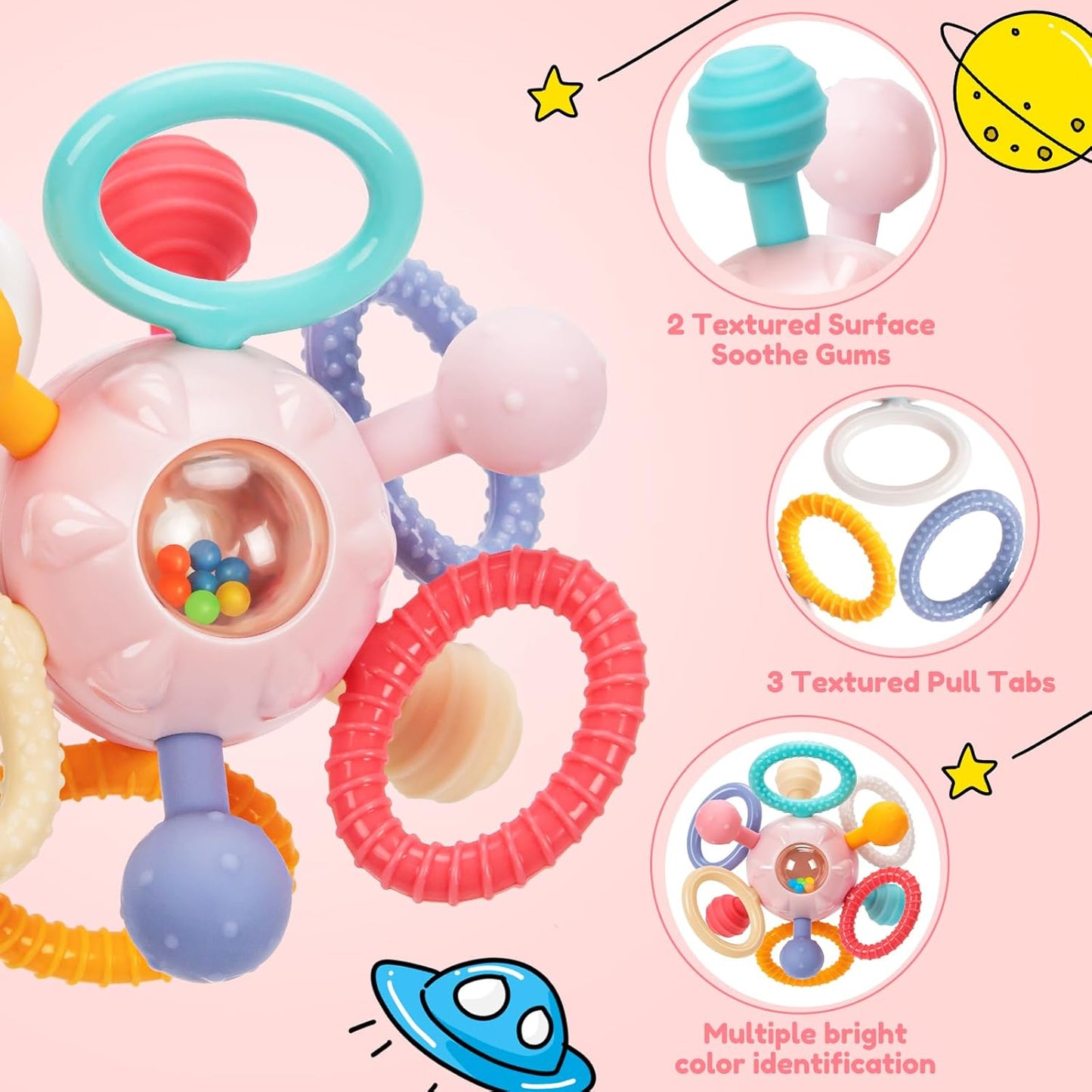 Baby Teething Toys for 0-6 6-12 Months, BPA Free Food Grade Silicone Teether, Infant Sensory Chew Rattles Toys, Gifts for Infant Newborn Boys Girls 0 3 6 9 12 18 Months, Pink