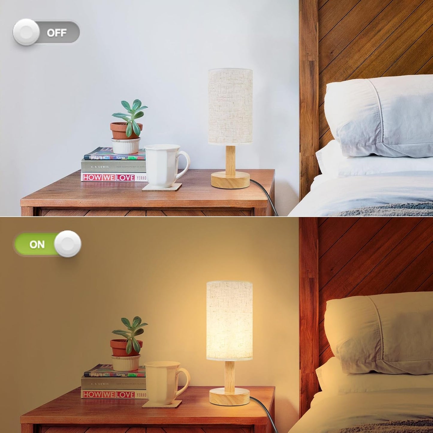 Small Bedside Table Lamp for Bedroom,Natural Round Wood Base&Fabric Linen Shade,Cozy Night Table Light for Study Reading,Minimalist Boho Desk Lamp for Nightstand,Living Room,Nursery,Kitchen,Dorm
