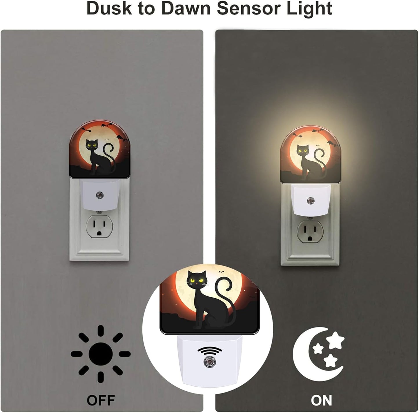 Black Cat with Full Moon Night Light, Halloween Cat Bats Dusk to Dawn Night Light Plug in,0.5w Energy Saving Sleep Friendly NightLight for Kids Boys Girls Home Decor