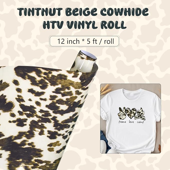 Tintnut Beige Cowhide Heat Transfer Vinyl Roll, easy cut & weed, stretch