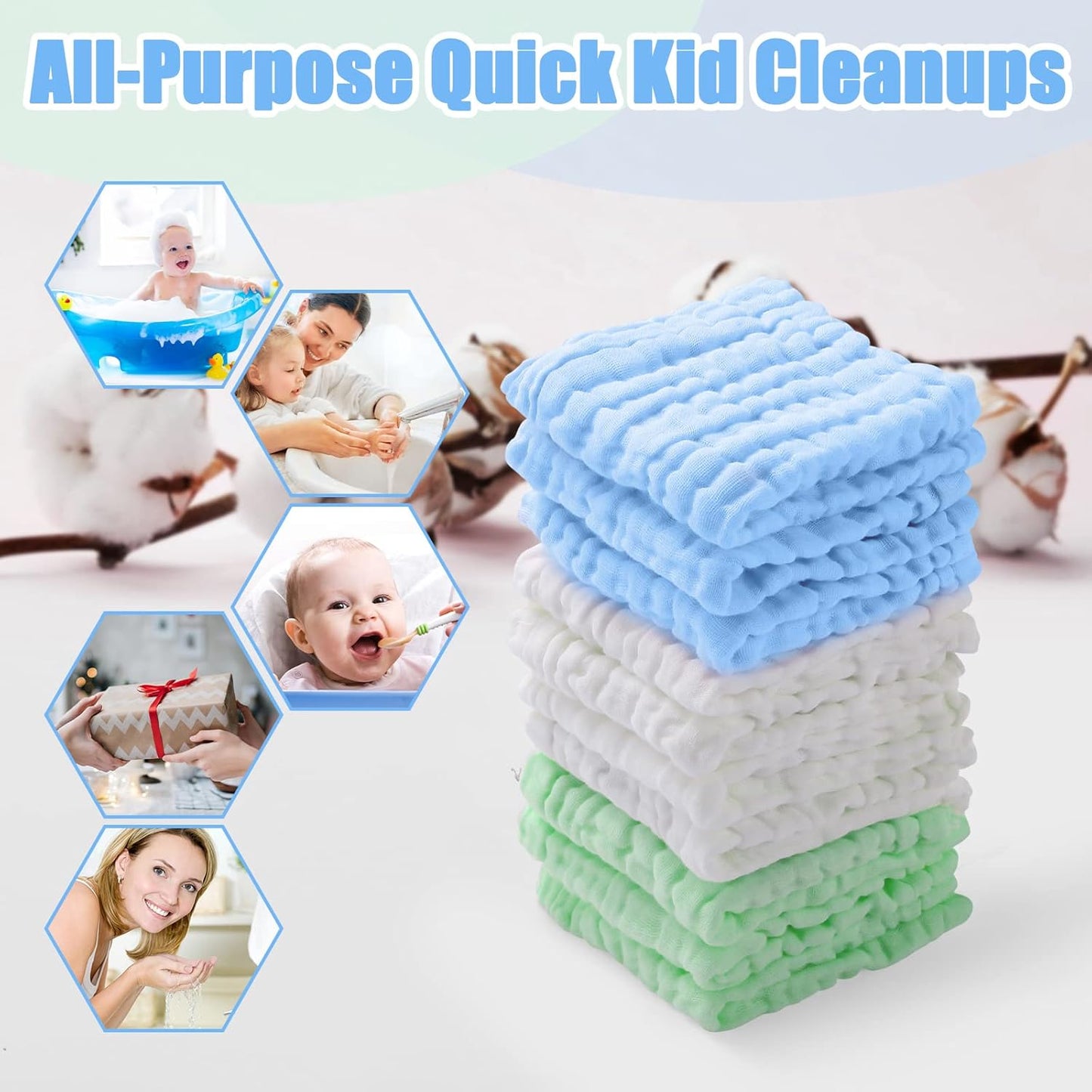 MUKIN Muslin Washcloths - Soft Face Cloths for Newborn, Absorbent Bath Face Towels, Wipes, Burp Cloths, Baby Registry as Shower. Pack of 10 (Green,Blue,White)
