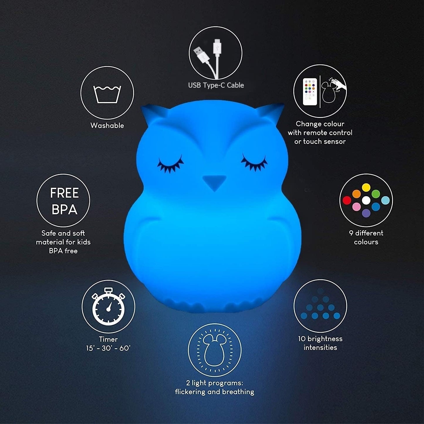Large Owl Night Lights for Kids LED Nursery Lamp Children's Room Moon Bedside Lamp, Changeable Brightness & Color Child Table Night-Light, Lighting for Travel and Camping Child Gift - Large