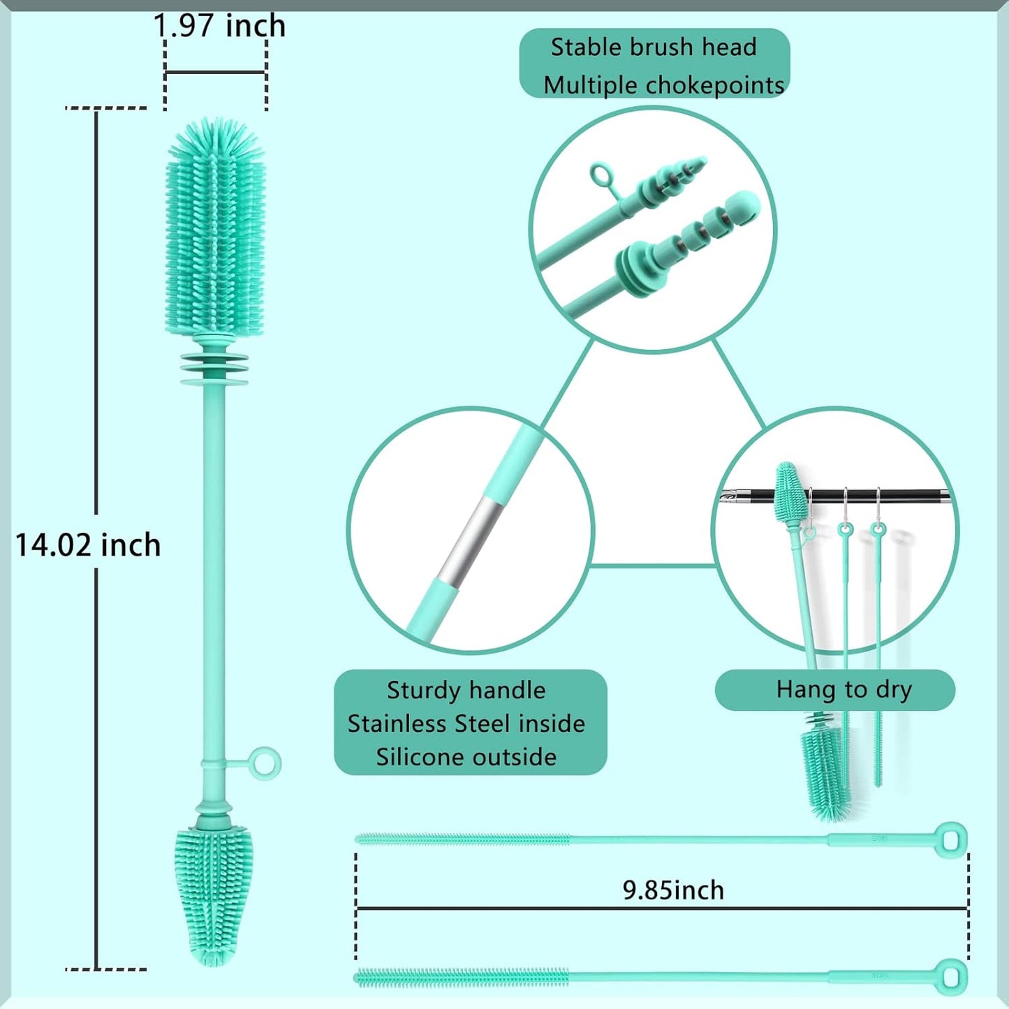 Silicone Baby Bottle Brush and Straw Cleaner Brush Set,Silicone Fully Encased Dish Brush,Versatile Deep Cleaning Long Water Bottle Brushes,Heat Resistant Sturdy Kitchen Brush,Hangable Cup Brush