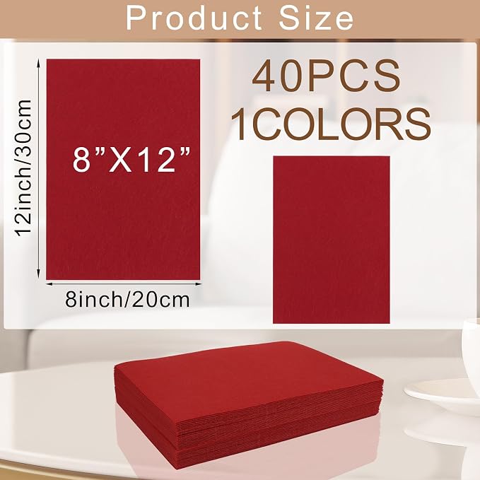 40 Pcs Stiff Felt Fabric Sheet for Crafts, 1mm Thick and 8”x12”Red Felt Fabric