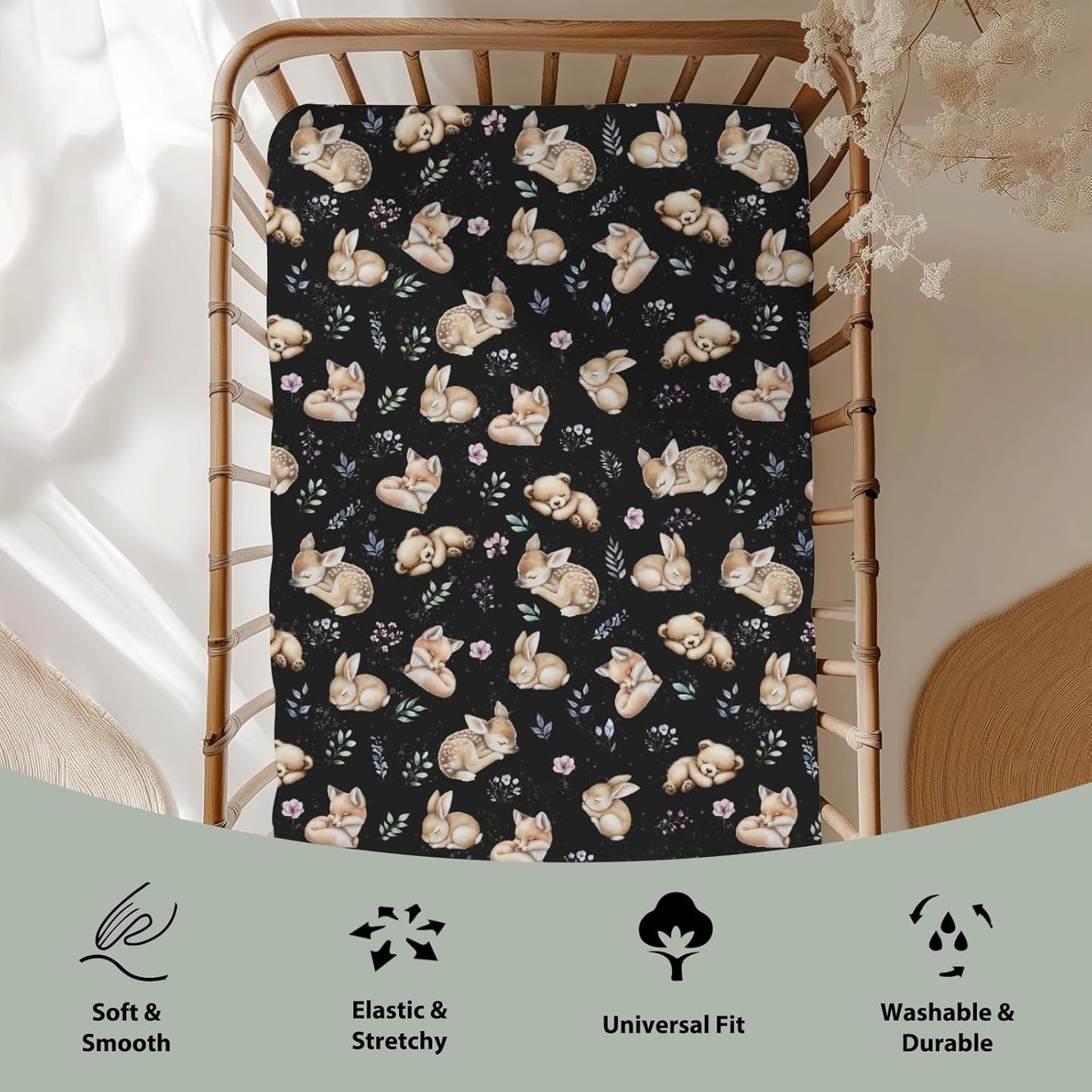 Sleeping Spring Animals Baby Crib Sheets Boy Girl 28"x52" Bear Deer Bunny Floral Leaves Soft Snug Fitted Crib Mattress Cover Cute Animals Baby Sheet for Standard Crib & Toddler Mattress