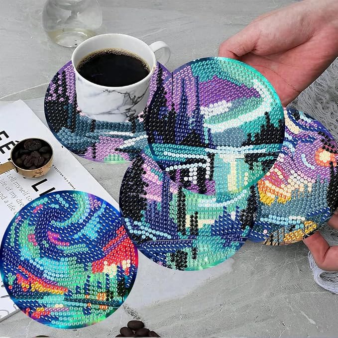 ijbnhd 8 Pcs Aurora Diamond Art Coasters Kits Landscape 4x4 inch | Diamond