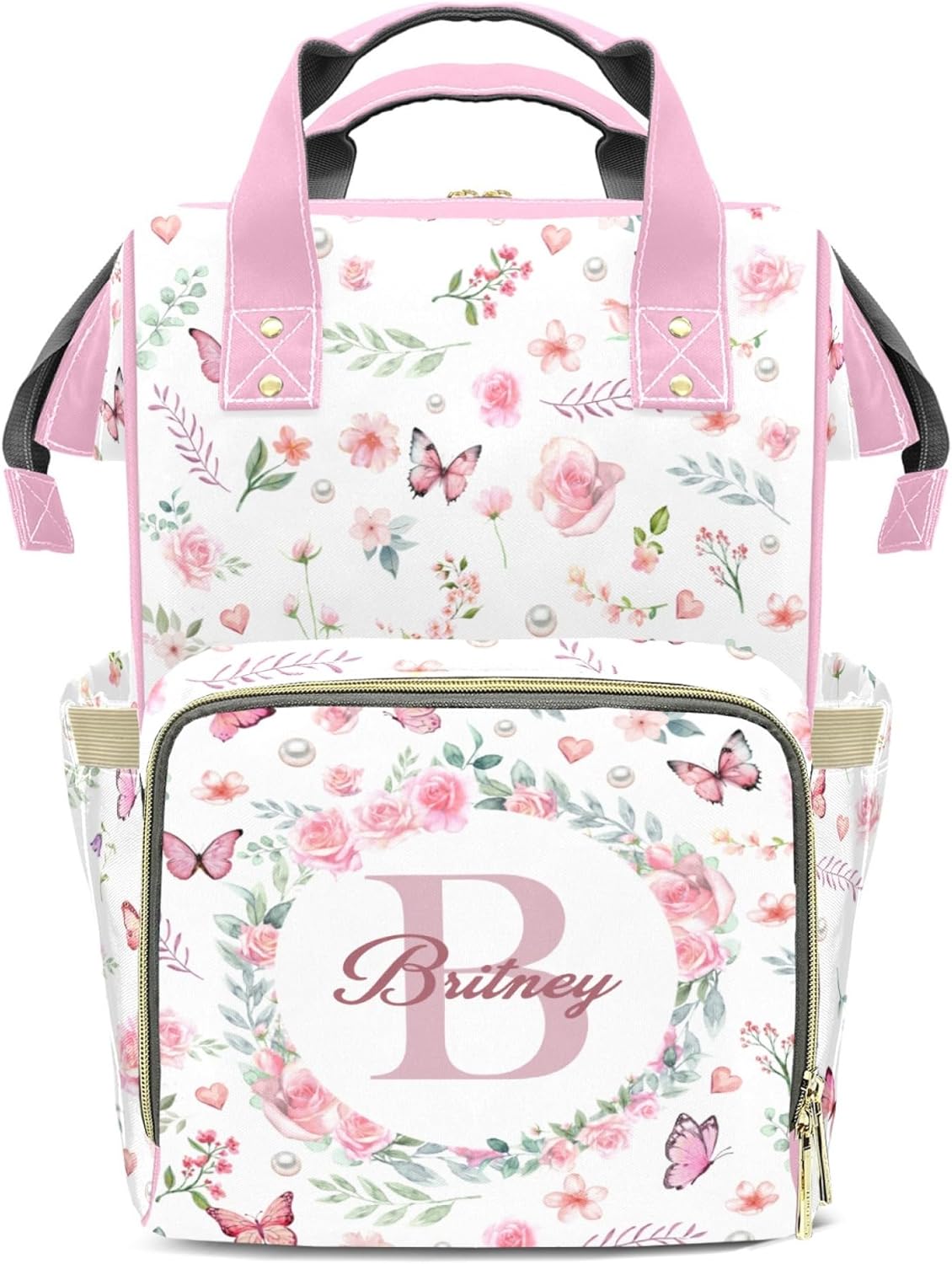 Large Capacity Custom Diaper Bag for Baby Girls with Name, Pink Floral Multifunctional Mom Personalized Diaper Bag Backpack Waterproof Women Customized Daypack Nappy Bag