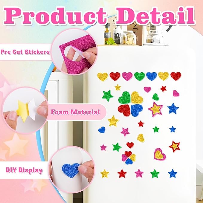 625Pcs Foam Stickers Glitter Colorful Heart Star Shapes Stickers 5Sheets 3D