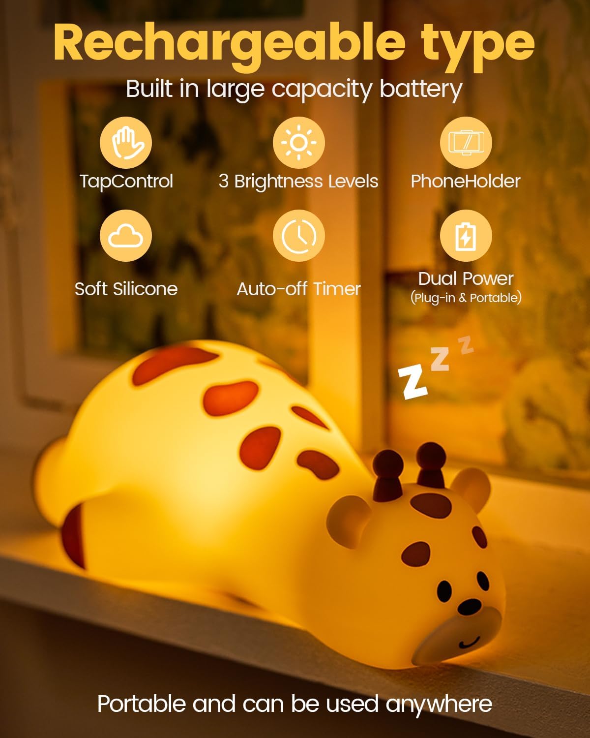 Kids Night Light Giraffe, Silicone Tap Control Bedside Lamp with Time Auto-Off, Cute Portable LED Nursery Light for Baby, Toddler, Bedroom