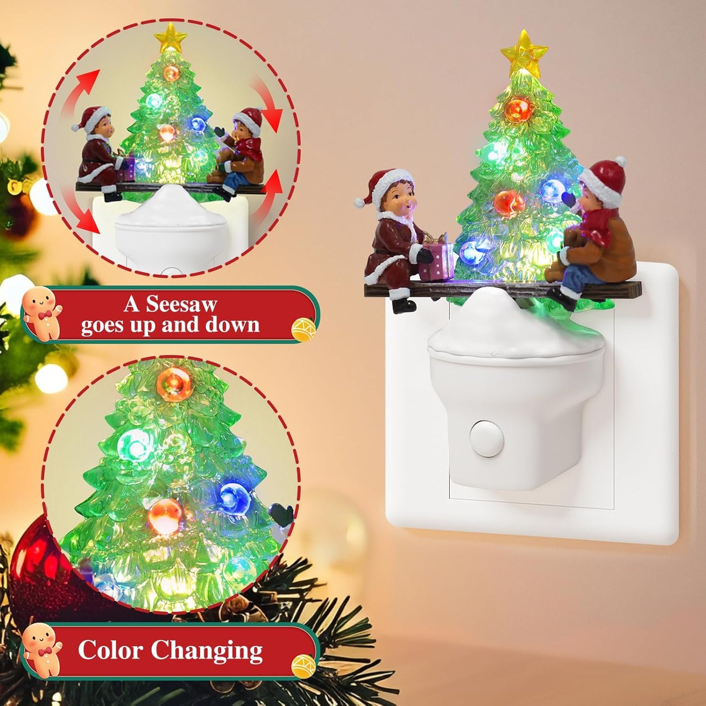 Christmas Night Light Plug into Wall Nightlight with USB/Outlet Options, Christmas Tree Decorative Night Light for Bedroom Kitchen Nursery Holiday Decorations Gifts (Seesaw)