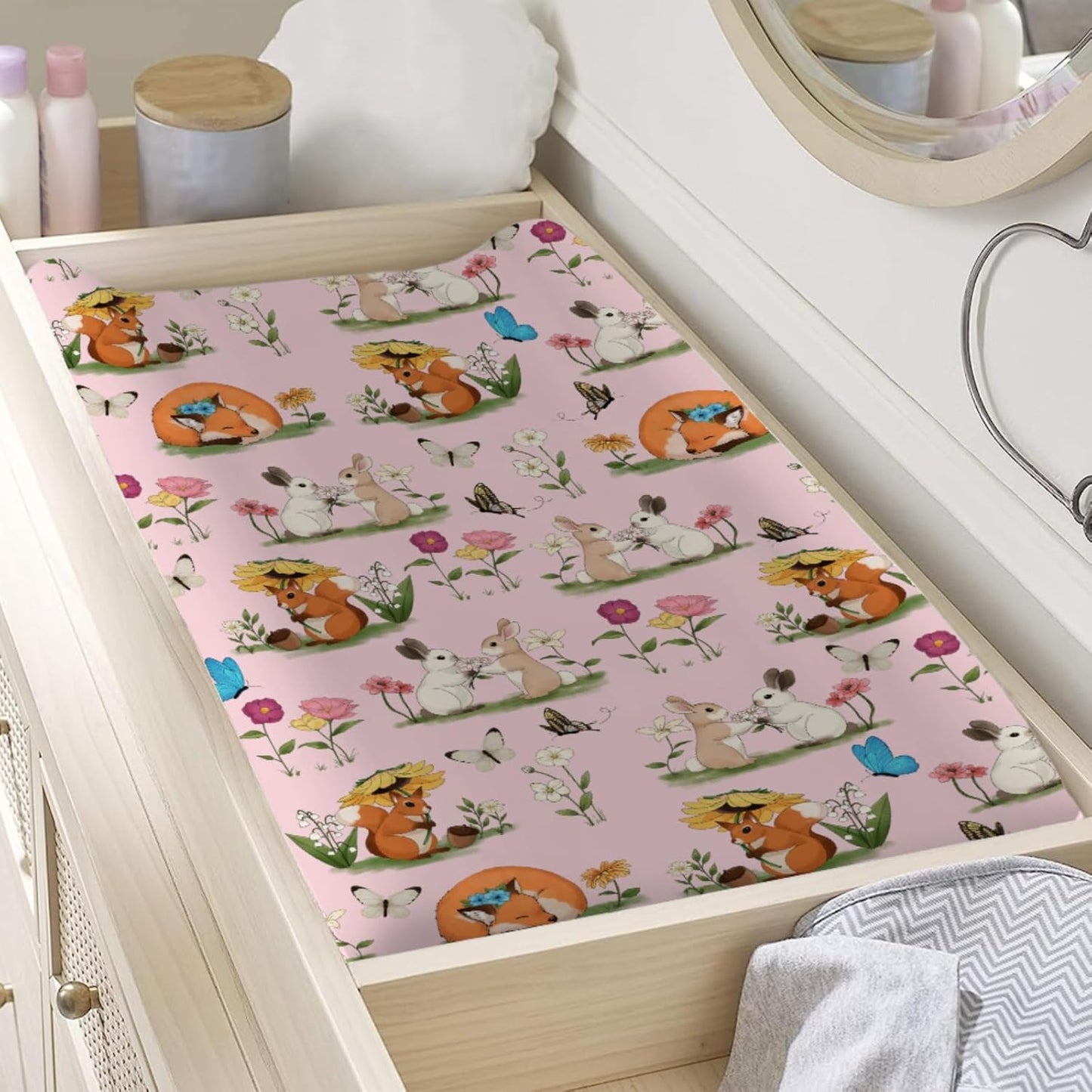 Cute Animals Spring Flowers Baby Changing Pad Covers Boy Girl 32''x16'' Bunny Fox Squirrel Butterflies Floral Fitted Diaper Change Table Mats Forest Soft Breathable Nursery Changing Table Sheets Pink
