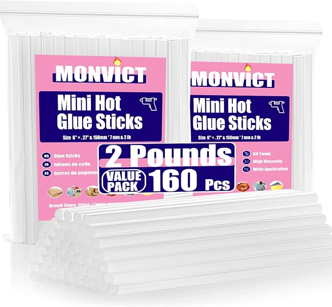 MONVICT 2 LBS Mini Hot Glue Sticks, 7 * 150mm | 0.27 in. Diameter, 6 in. Length