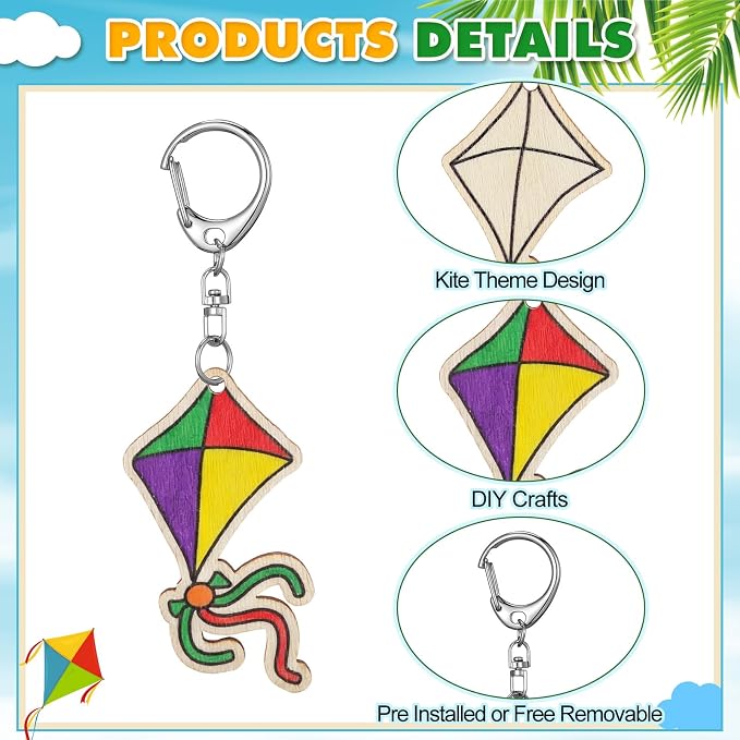 RattanView 24 Pcs Kites Crafts Color Your Own Keychains DIY Craft Wooden Blank