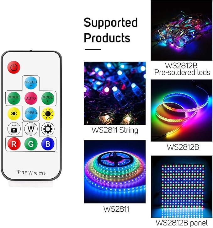 RGBZONE RF 3-PIN LED Controller, RF Wireless Remote Control, DC 5V/12V/24V Mini LED Controller for WS2812 WS2811LED Strip Light (14 Key)