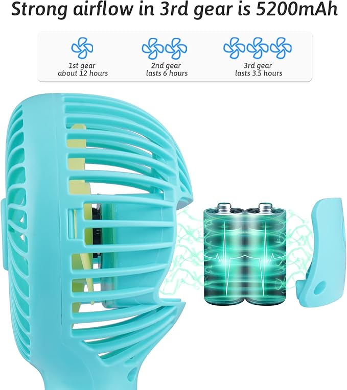 Portable Stroller Fan Personal rechargeable USB Fans With 5200mAh 3 Speeds Battery Small Baby Car Seat Mini Handheld Clip On Fan for Pram Crib Bike Treadmill Outdoor Camping Travel and Student Desk