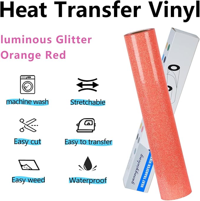 guangyintong Glow Glitter Orange Red Heat Transfer Vinyl HTV Rolls, Glitter HTV