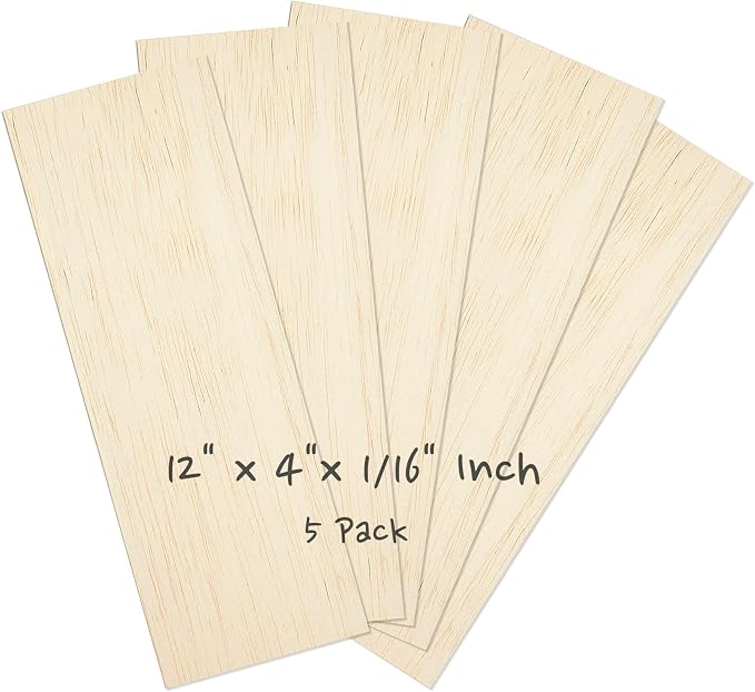 Balsa Wood Sheets, 5 Pack 12 x 4 x 1/16 Inch Unfinished Thin Wood Boards