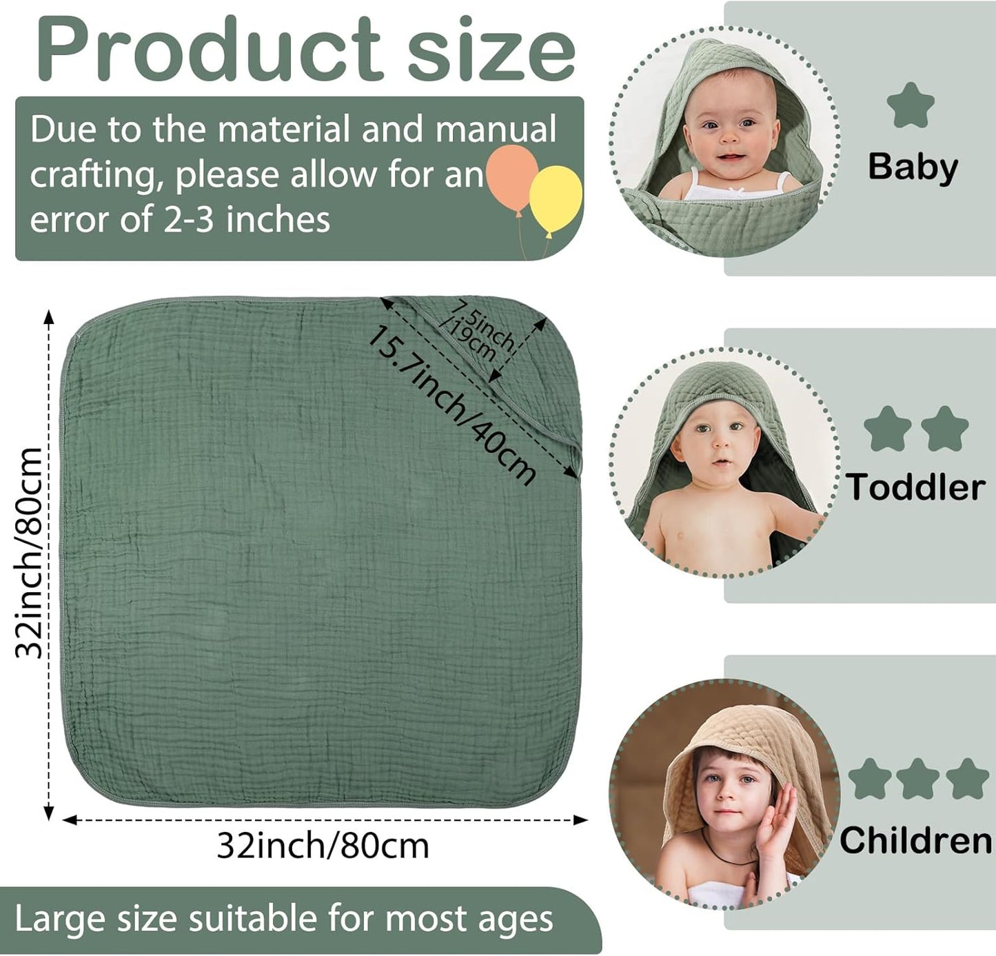 VitalCozy 6 Pcs Baby Muslin Hooded Bath Towels and Washcloths, 32 x 32 Inch Muslin Cotton Hooded Baby Towels Absorbent Hooded Blankets for Gift Newborn Infant Shower (Beige,Green)