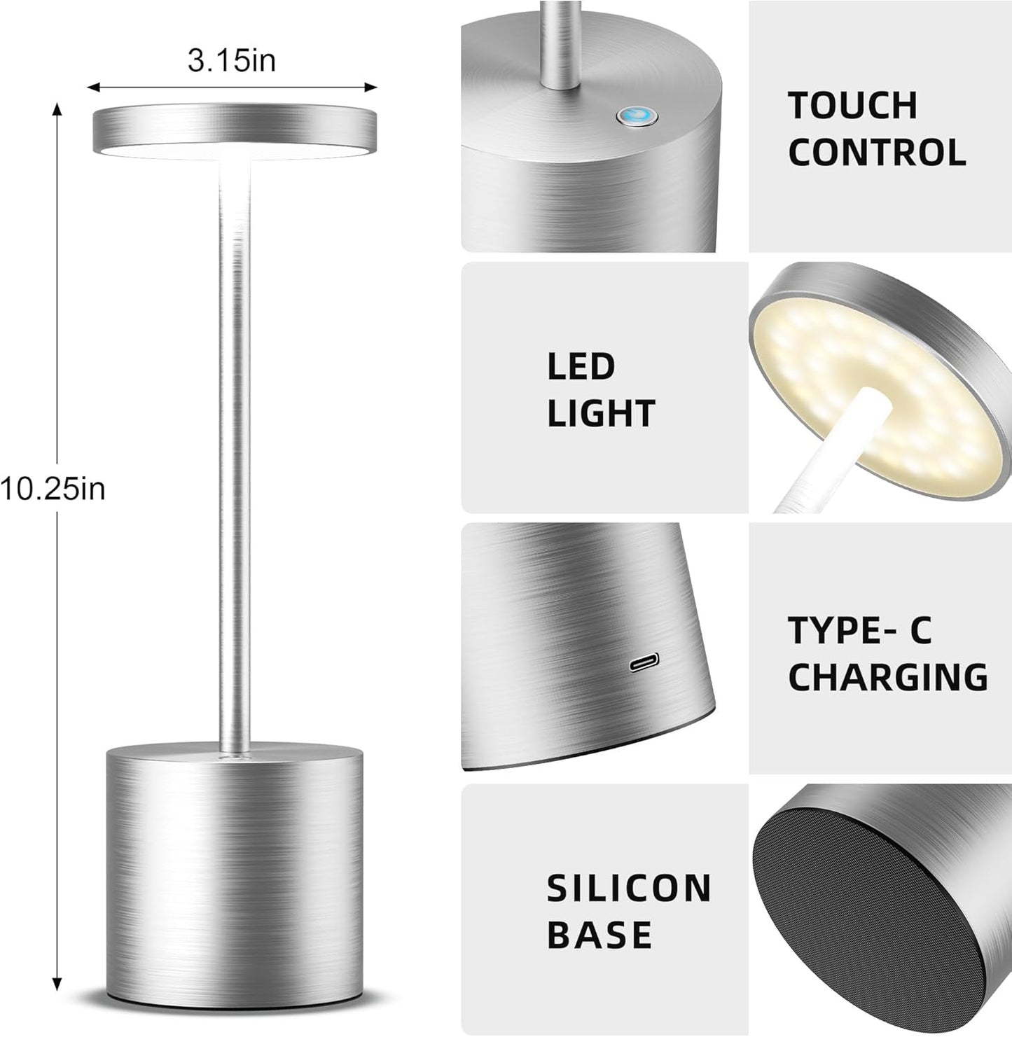 Cordless Table Lamps Rechargeable - Outdoor Waterproof LED Table Light Portable 5000mAh Battery Operated Lamp 3 Color Stepless Dimming with Memory Function for Restaurant Dining Patio (Silver)
