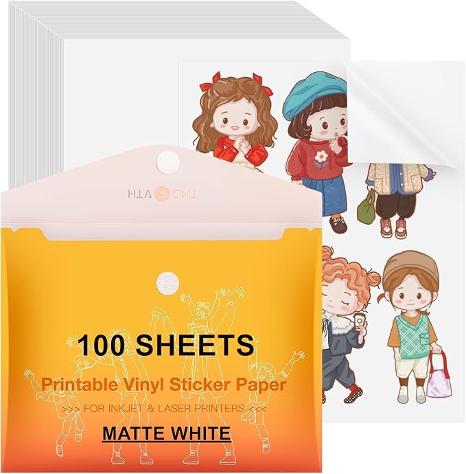 HTVRONT Printable Vinyl Sticker Paper, 100 Sheets Matte Waterproof Sticker Paper