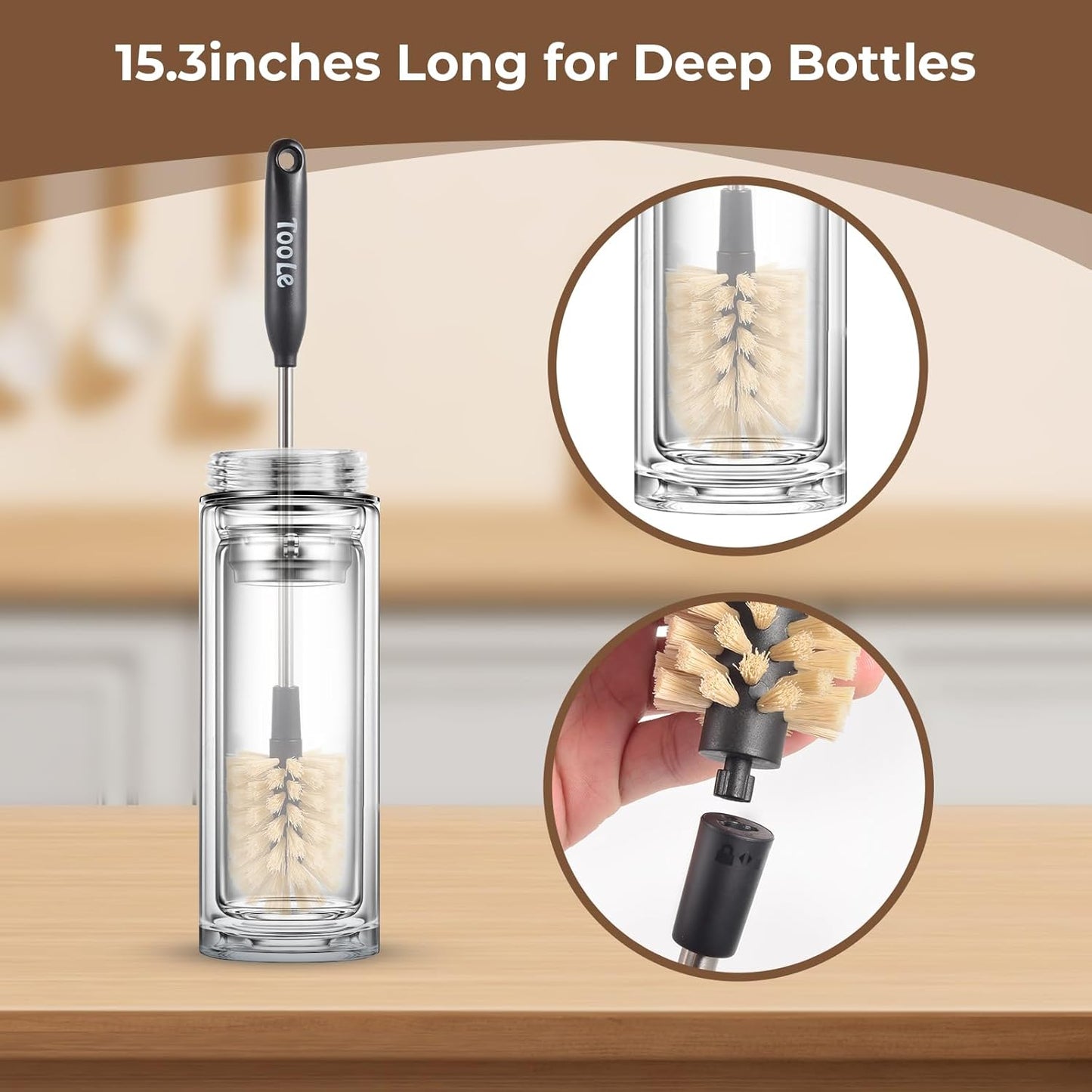 4-in-1 Water Bottle Brush Cleaner, Bottle Brush & Straw Cleaner Brush, Long Handle Water Bottle Scrubbing Brush with Replacement Brush Head for Narrow Bottle,Coffee Mugs,Tumblers,Straws, Lid Cleaning