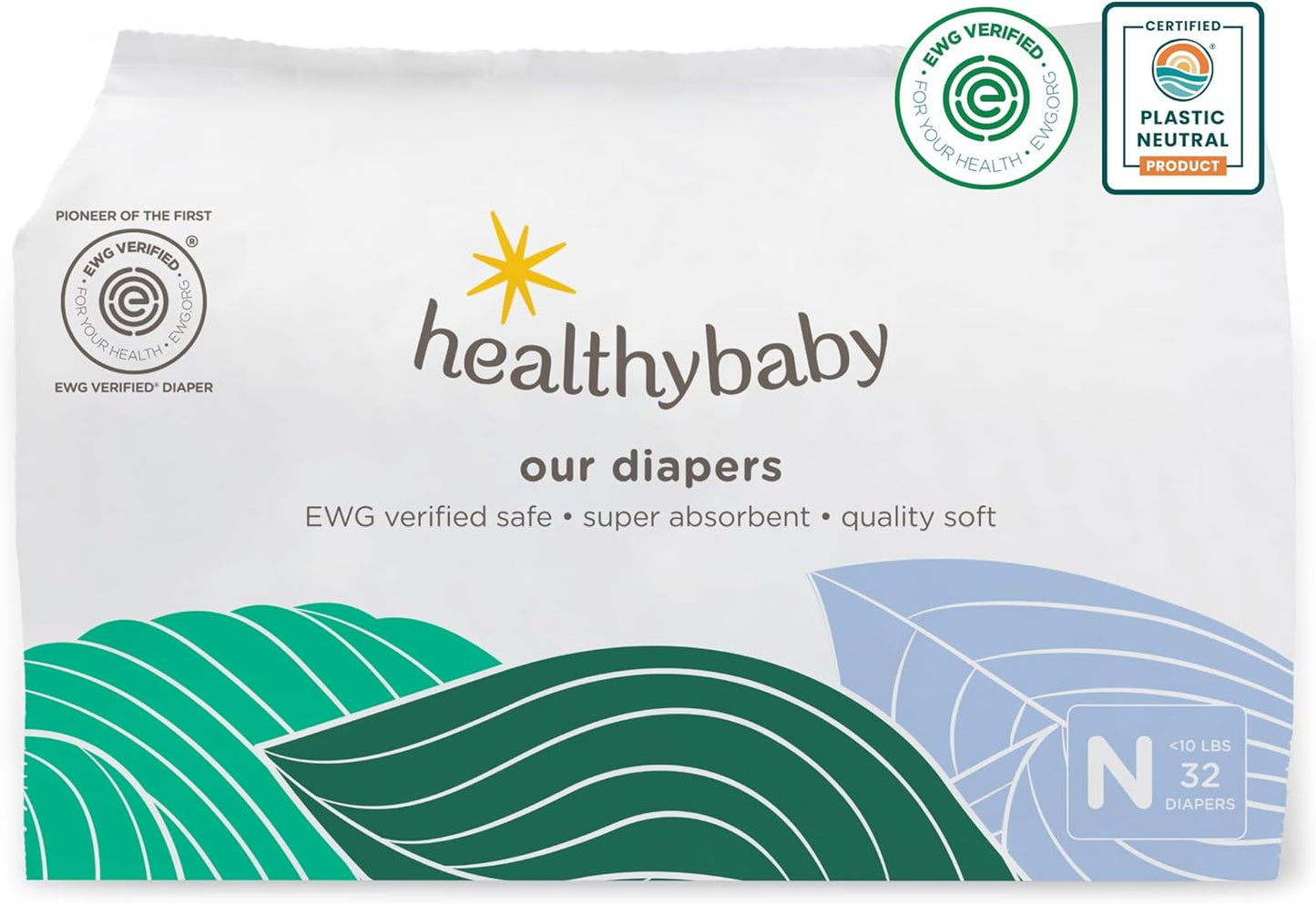 Our Diapers | EWG Verified Safe & Plant-Based Diapers | Leak Protection | Soft Organic Cotton Shell | Chlorine-Free Diaper for Sensitive Skin | Size Newborn (<10 lbs) 32 Count